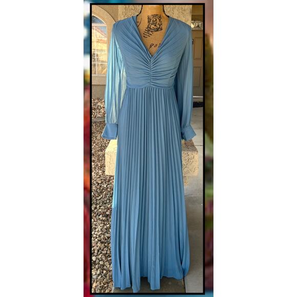 Lulus Slate Blue Pleated Long Sleeve Sophisticated Grace Maxi Dress Size S - Picture 2 of 10